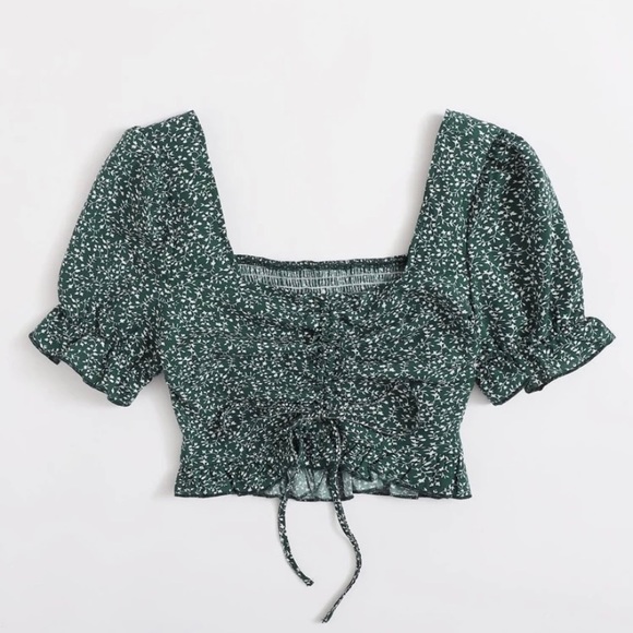 Drawstring Front Shirred Puff Sleeve Top - Picture 3 of 5